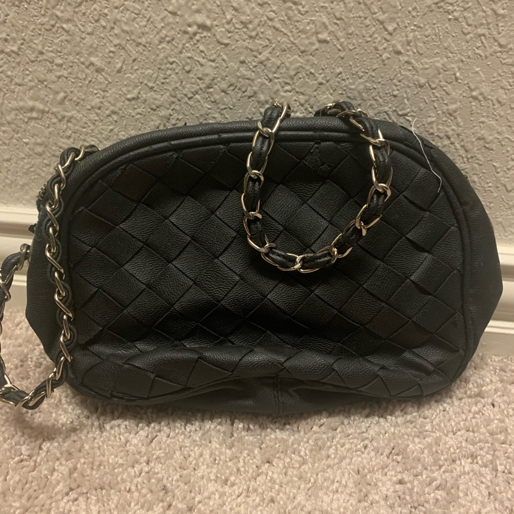 Black and gold chain woven crossbody bag